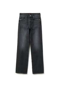 Jeans de mezclilla gris oscuro con corte recto. Presenta cinco bolsillos, pasadores para el cinturón y costuras en contraste a lo largo de las costuras.