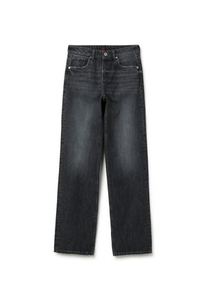 Donkergrijze denim jeans met een rechte snit. Bevat vijf zakken, riemlussen en contrasterende stiksels langs de naden.