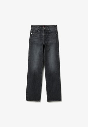 Dark gray denim jeans with a straight cut. Features five pockets, belt loops, and contrasting stitching along the seams.
