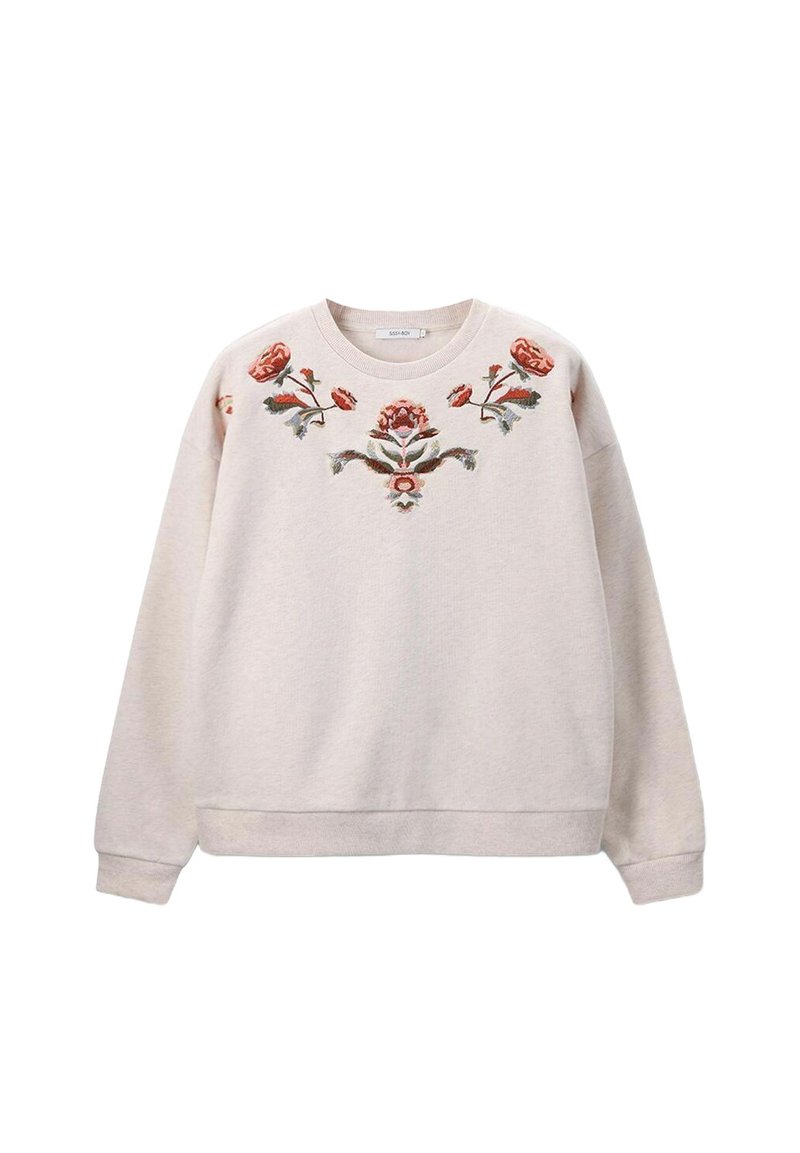 Sweatshirt rose clair à manches longues, col rond, avec broderie florale rouge et verte sur la poitrine. Texture de tissu douce.