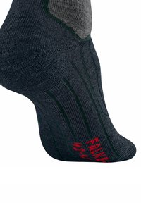 Grau und dunkelgrüne Socke mit geripptem Struktur, verstärkter Ferse und rotem Logo-Detail. Entworfen für Komfort und Langlebigkeit während des Tragens.