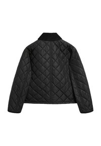 Veste matelassée noire avec coutures en losange, manches longues et col foncé, vue de dos sur fond blanc.