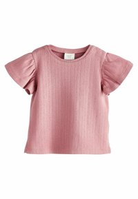 Top roz cu mânecă scurtă, cu un model texturat în dungi, decolteu rotund și mâneci puff. Are închidere cu capse pe un umăr.