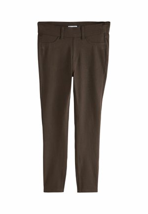 Donkere bruine slim-fit broek met voorzakken, riemlussen en rechte pijpen, plat uitgestald op een witte achtergrond.