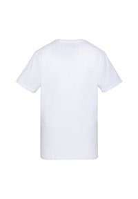 Camiseta de algodón blanca con un corte relajado, mangas cortas y cuello redondo. Textura suave y sin patrones ni marcas visibles en la parte posterior.