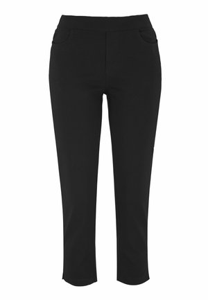 Black cropped pants with a smooth texture, elastic waistband, and two front pockets. Designed for comfort and mobility.