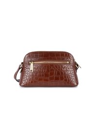 Sac en simili cuir crocodile marron avec fermeture éclair, détail de fermeture éclair doré et bandoulière unique. Texture lisse avec une forme structurée.