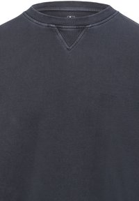 Dark gray sweatshirt featuring a textured fabric, ribbed neckline, and a triangular stitched accent at the collar. Simple and smooth design.