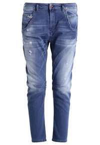 Blå denimjeans med smal passform, med slitna detaljer, blekning och femficksdesign. Inkluderar knappstängning och bältesloup.
