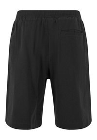 Shorts noirs mi-genoux avec une taille élastique et une unique poche arrière du côté droit.