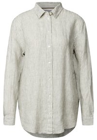 Lange mouwen shirt in lichtgrijs met witte verticale strepen. Voorzijde met knopen, puntige kraag en een gebogen zoom. Zacht, gestructureerd stof.