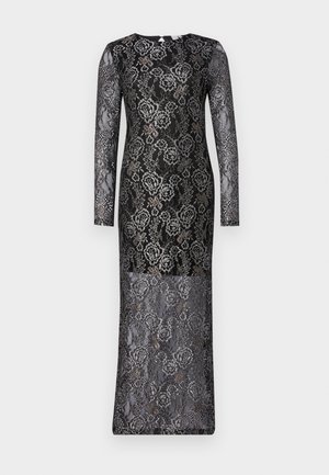 Juodos spalvos nėriniuota suknelė ilgomis rankovėmis su gėlių raštu, aptempta silueto ir pusiau permatoma tekstūra. Ilgintas dizainas su apvalia iškirpte.