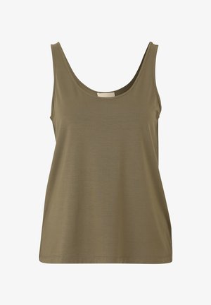 Top sans manches vert olive en tissu doux, présentant un col rond et une coupe décontractée avec ourlet cousu et sans quincaillerie visible.