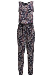 Combinaison sans manches à base marine, avec des motifs cachemire rouges, blancs et beiges, et une ceinture élastique.