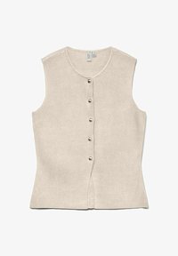 Cardigan sin mangas beige con cuello redondo y cinco botones dorados en la parte delantera; presenta una forma entallada y un tejido suave y texturizado.