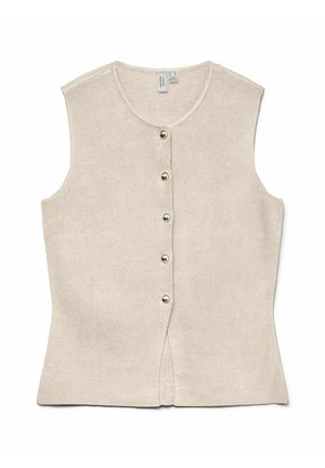 Bēšs piedurkņu kardigans ar apaļu kaklu un piecām zelta pogām priekšpusē; raksturots ar pieguļošu formu un mīkstu, teksturētu audumu.