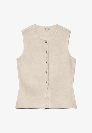 Bēšs piedurkņu kardigans ar apaļu kaklu un piecām zelta pogām priekšpusē; raksturots ar pieguļošu formu un mīkstu, teksturētu audumu.