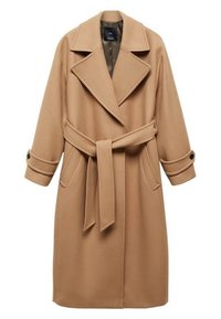Beżowy płaszcz wełniany z wykładanym kołnierzem, paskiem w talii i zapinanymi mankietami. Posiada dwie boczne kieszenie oraz gładką podszewkę.