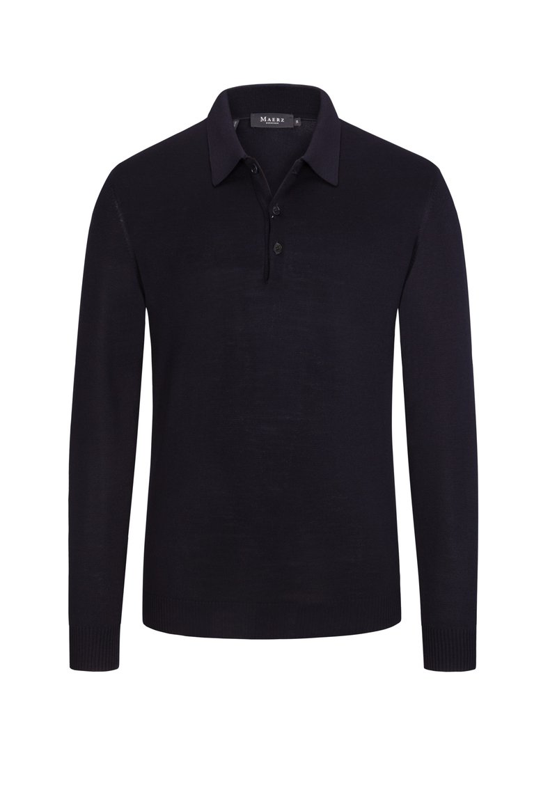 Marineblaues Langarm-Polohemd aus weichem Material, ausgestattet mit einem klassischen Kragen, einer Knopfleiste mit drei Knöpfen und gerippten Bündchen.