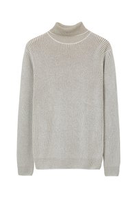 Maglione grigio chiaro lavorato a maglia con colletto alto, texture a coste, maniche lunghe e orlo aderente. Vista posteriore che mostra un design senza cuciture.