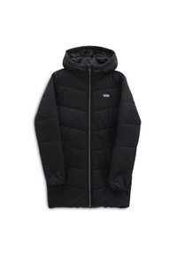 Czarna puchowa kurtka z zamkiem z przodu, dużym kapturem i logo Vans. Model pikowany, z długimi rękawami, o długości sięgającej do połowy uda.