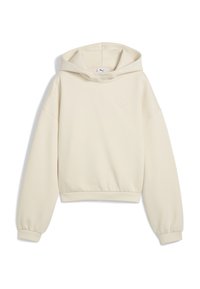 Sudadera color crema con una textura suave, puños acanalados y un bolsillo tipo canguro. Presenta un logotipo bordado en la parte delantera.