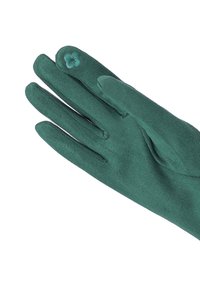 Guanti in suede verde con una consistenza liscia, dotati di quattro dita e un piccolo ricamo di fiore sul lato del polso.