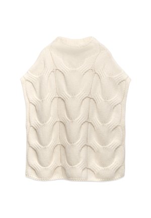 Maglione in colore crema lavorato a maglia, con colletto alto e un motivo testurizzato unico di anelli allungati sollevati sulla parte anteriore.