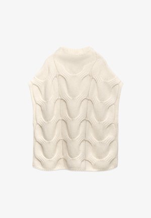 Maglione in colore crema lavorato a maglia, con colletto alto e un motivo testurizzato unico di anelli allungati sollevati sulla parte anteriore.