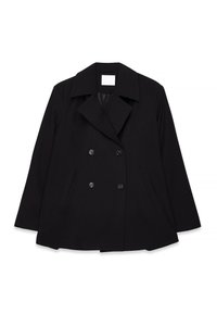 Črn dvojniki plašč, izdelan iz gladkega materiala. Ima širok ovratnik, dva sprednja žepa in šest elegantnih gumbov. Minimalističen dizajn.