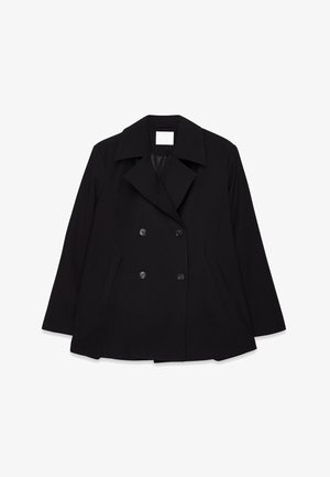 Cappotto nero doppiopetto realizzato in tessuto liscio. Caratterizzato da un ampio colletto, due tasche frontali e sei bottoni eleganti. Design minimalista.