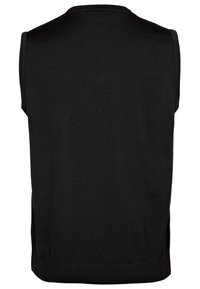 Schwarzer ärmelloser Pullover aus Strickstoff, mit Rundhalsausschnitt, seitlichen Schlitzen und geripptem Saum sowie Armöffnungen.