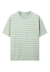 T-shirt à rayures à manches courtes en vert clair et blanc, fabriqué en tissu doux, avec une poche poitrine et un col rond classique.