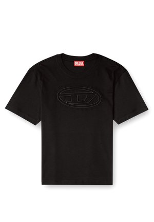 T-shirt in cotone nero con scollo rotondo e grande logo Diesel in rilievo al centro. Maniche corte e orlo dritto.