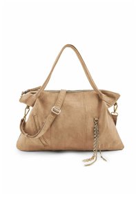 Borsa a mano in ecopelle beige con doppi manici, tracolla regolabile, chiusura con cerniera, tasche laterali e dettagli decorativi a catena.