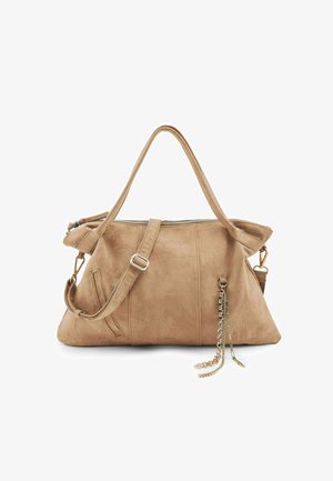 Beige handtas van nep leer met dubbele handvatten, verstelbare riem, ritssluiting, zijvakken en decoratieve kettingaccenten.