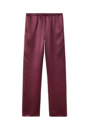 Pantaloni dritti in raso color marrone scuro con vita elastica, tessuto liscio, senza tasche visibili o decorazioni.