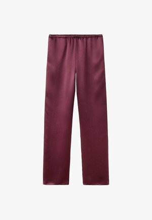 Pantaloni dritti in raso color marrone scuro con vita elastica, tessuto liscio, senza tasche visibili o decorazioni.