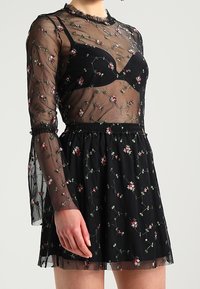 Schwarzes Kleid mit durchsichtigen langen Ärmeln und floraler Stickerei, einem taillierten Oberteil und einem ausgestellten Rock. Rüschiger Ausschnitt und Ärmel.