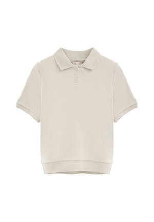 Polo beige chiaro a maniche corte con colletto e due bottoni sullo scollo, design semplice, orlo e bordi delle maniche a costine.
