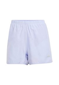 Shorts deportivos de color púrpura claro, hechos de una tela suave y ligera, con una cinturilla elástica y un pequeño logo gris en el lateral.