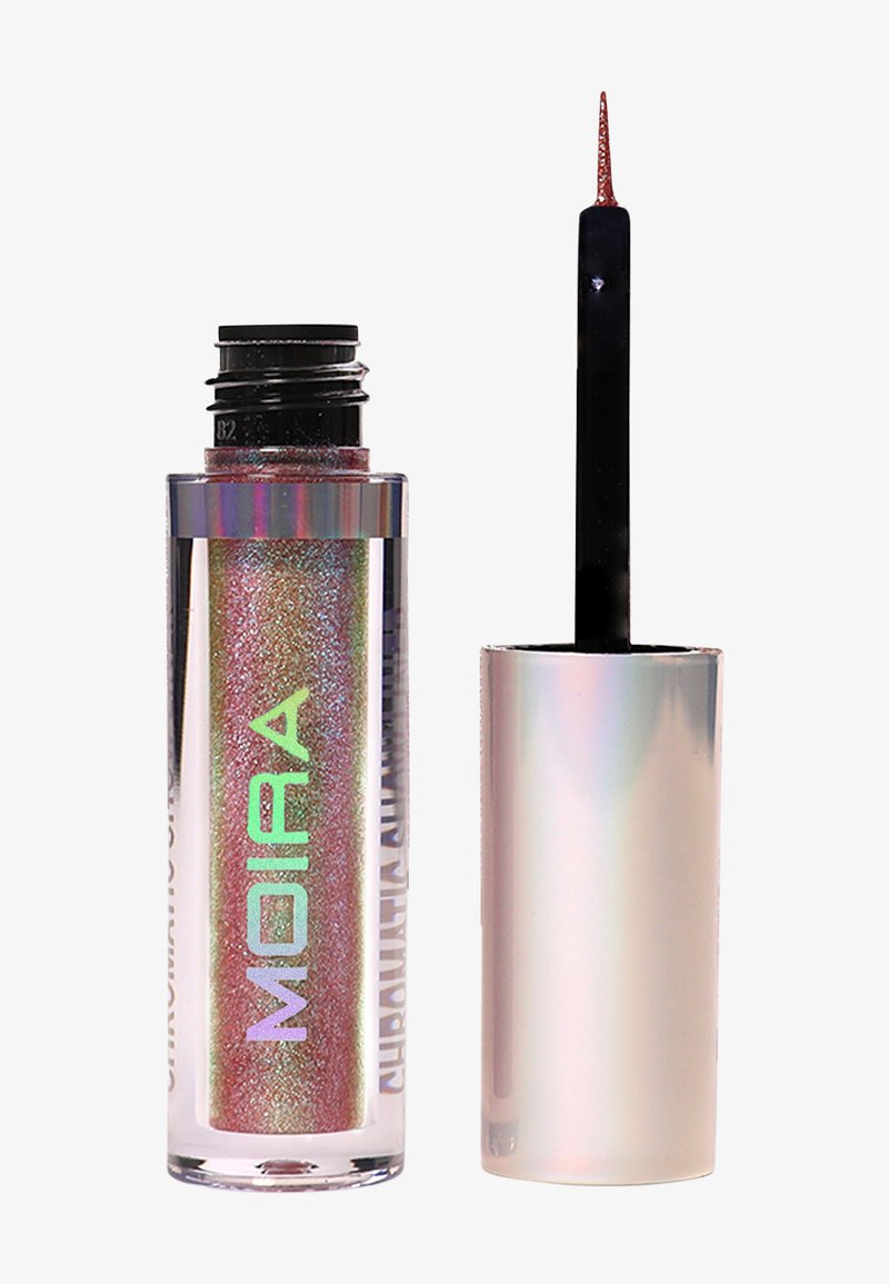 Eyeliner liquide pailleté rose scintillant avec un applicateur brosse noir et un bouchon argenté irisé à côté du flacon ouvert.