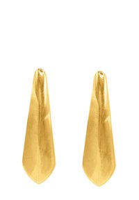 Orecchini color oro con un design elegante e allungato, finitura lucida e forma affusolata, che offrono un'estetica geometrica moderna.