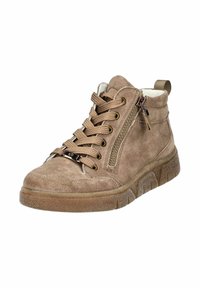 Bottines en daim marron avec une semelle texturée, dotées de lacets et d'une fermeture éclair sur le côté, ainsi qu'un petit tirant à l'arrière pour un enfilage facile.