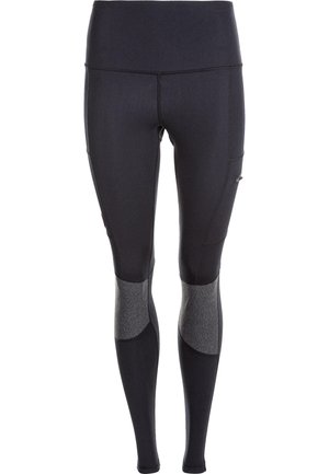 Svarta sportleggings tillverkade av ett stretchigt tyg, med hög midja, sidoficka och strukturerade grå knäpaneler.