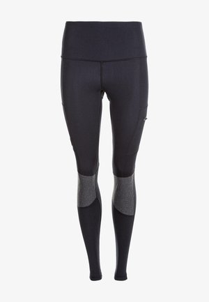 Leggings de sport noire en tissu extensible, dotés d'une taille haute, d'une poche latérale et de panneaux de genoux texturés gris.
