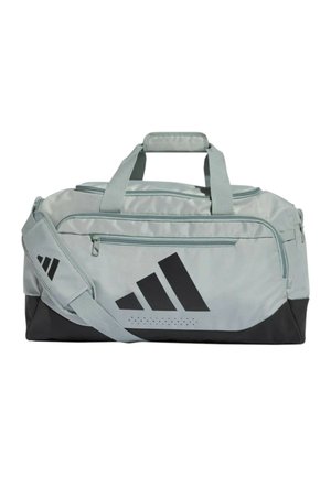 Borsa sportiva tipo duffel grigio chiaro e nero con doppi manici, tracolla, tasca frontale con cerniera e grande logo triangolare nero.