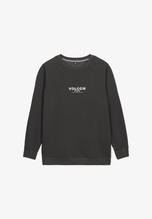 Dunkelgrauer Kapuzenpulli mit Rundhalsausschnitt, Raglanärmeln und einem weißen Volcom-Logo in der Mitte. Aus weichem, strukturiertem Stoff gefertigt.