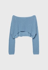 Pull court bleu clair avec un col ouvert et des manches longues, présentant un motif en maille texturée et une coupe ample.