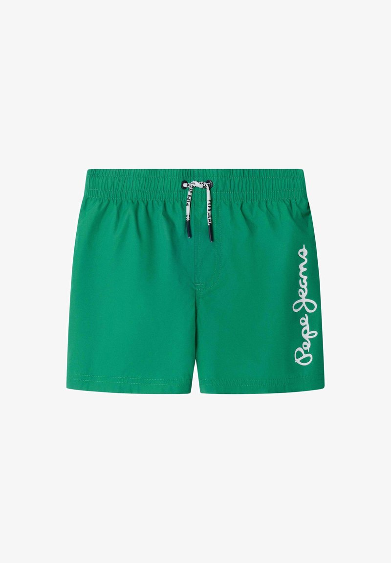 Shorts de bain verts avec taille élastique et cordon de serrage blanc, arborant le logo "Pepe Jeans" verticalement sur la jambe droite.